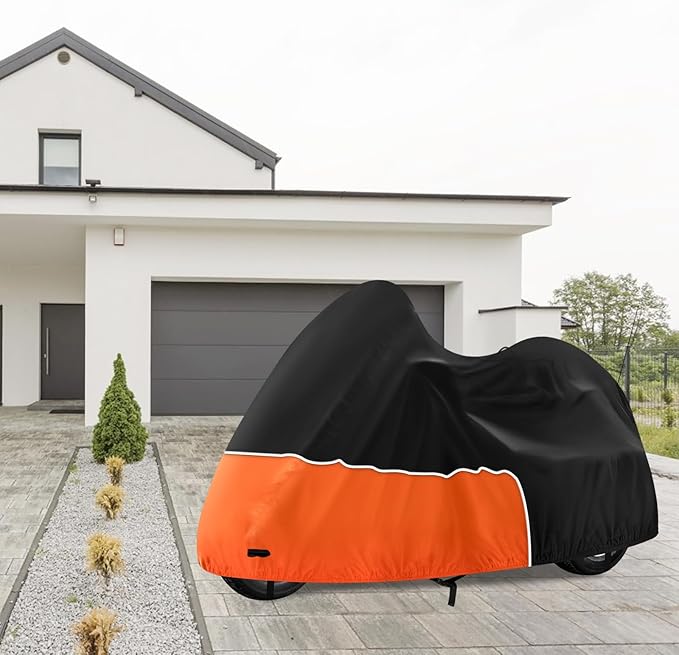 Trike Cover, Waterproof 3 Wheel Motorcycle Cover for Harley Davidson, Honda Goldwing, Kawasaki Trike Accessories, with Windproof Buckle, Reflective Strap, Black&Orange