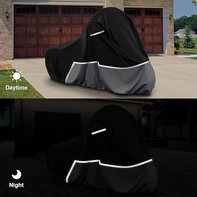 Waterproof Motorcycle Cover Compatible with Harley Davidson Electra Glide/Road King/Street Glide/CVO Road Touring Without Trunk Models, 420D Oxford Cloth Cover for Snow Rain Dust Protection