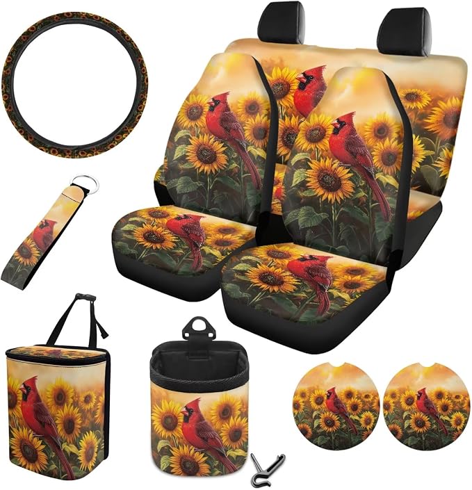 Cardinal Sunflower Pattern Auto Seat Covers Full Set, Car Interior Decor Set of 10 Steering Wheel Cover Cup Coasters Car Trash Can Air Vent Pounch Bag Keychain Universal Fit Most Cars