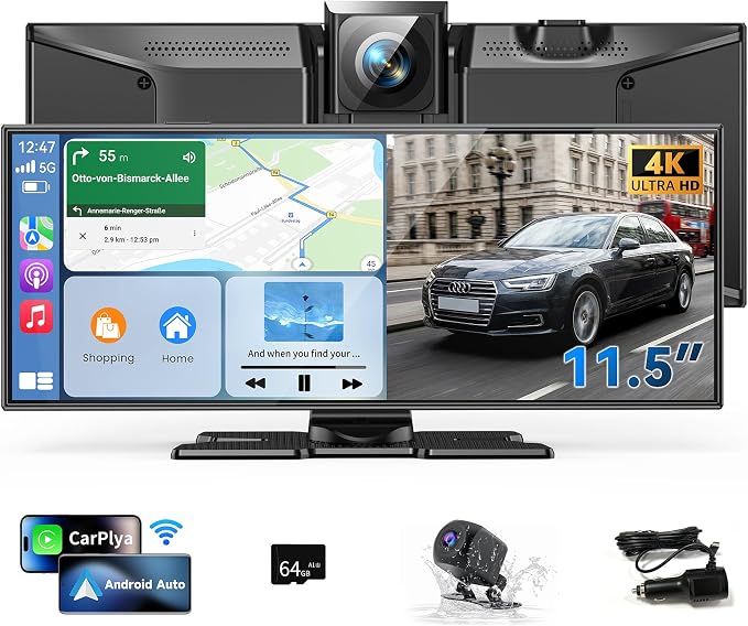 11.5" Largest Wireless Carplay Screen for Car, Portable A pple Carplay & Android Auto Touch Screen, 4K Dash Cam/App Control/1080p Backup Camera/Mirror Link/Voice Control/GPS/Bluetooth,for All Vehicles