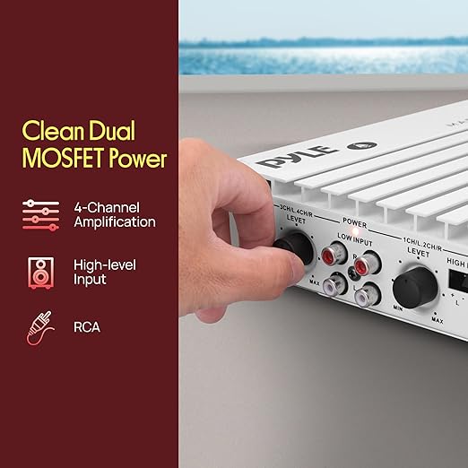 Pyle Hydra Marine 400W 4-Channel Amplifier - Waterproof with Dual MOSFET Power Supply - GAIN level Controls - RCA Input - LED Indicator - Compact Design for Boat/Vehicle Audio - PLMRA402