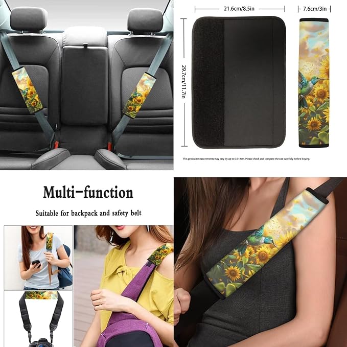 Hummingbird Sunflower Automotive Seat Covers for Women,Yellow Flower Steering Wheel Cover Seat Belt Pad Armrest Pads Car Coasters,12Pcs Hummingbird Car Accessory Protector
