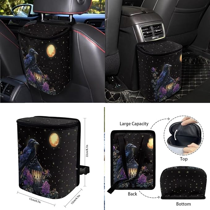 Crow Moon Rose Lantern Print 10 Pcs Car Accessories, Auto Front and Rear Seat Covers Full Set Steering Wheel Cover Air Vent Pounch Box Car Rubbish Bin Cup Coasters Keychain for Women Men