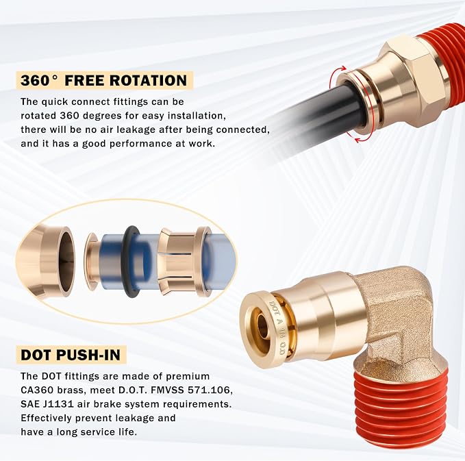 CheeMuii 12 Pcs 1/4 Brass DOT Air Fittings With 50 FT 1/4" DOT Air Line Kit 15 Meter Pneumatic Tubing with DOT Air Fittings for Semi Truck Trailer or Industrial Air System