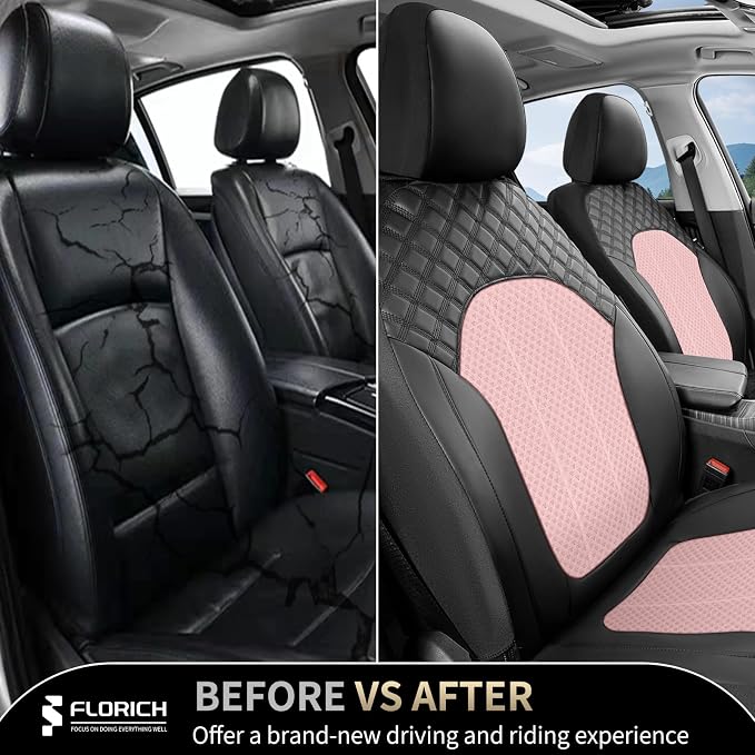FLORICH Seat Covers Front Seats Pink Seat Cover 2 Pack Leather Mesh Automotive Car Seat Cover Breathable Durable Car Interior Cover Cushion Universal Fit for Most Car SUV Sedan Truck, Black&Pink