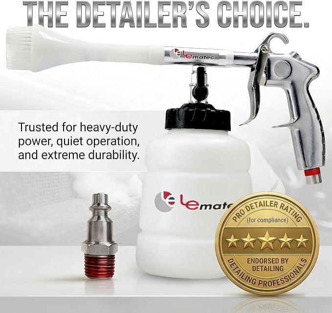 LE LEMATEC Interior Detailing Gun, Air Foam Car Wash Tool with Scrub Brush | Cleans Upholstery Carpet Vents Seats, Pneumatic Tornado Cannon, Solution Bottle, Auto Detail Kit