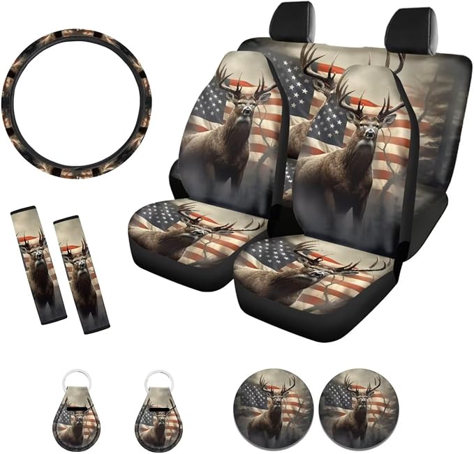Xoenoiee Deer and American Flag Print 11 Pack Universal Car Seat Covers Front & Rear for Women Car Interior Accessories with Steering Wheel Cover, Seat Belt Pads, Cup Coaster, Key Chains