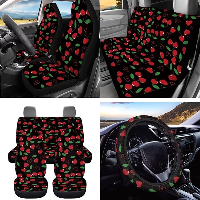 Dreaweet Cute Car Seat Covers Full Set for Women Cherry Car Accessories Interior 15 Pcs,Car Steering Wheel Covers Seatbelt Covers Coaster Trash Can Air Vent Holder Rear View Mirror Cover Keychain