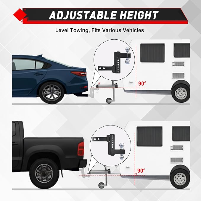 TYT Adjustable Truck Trailer Hitch for 2 inch Receiver, 6" Drop/Rise Tow Hitch with Dual Balls (2" & 2-5/16"), Compatible with Heavy-Duty Trailer Systems up to 20,000 lbs, Includes Hitch Tightener