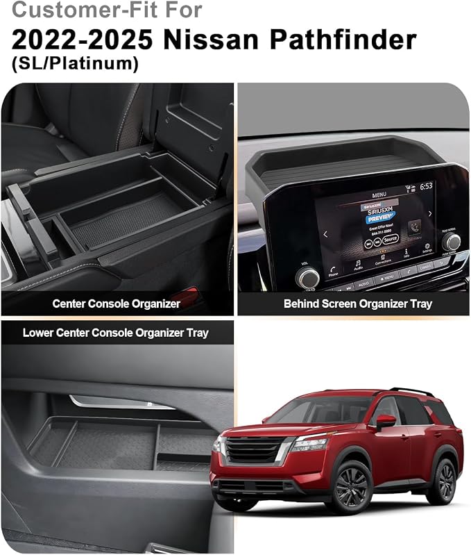 Organizer Set For 2022-2025 Nissan Pathfinder - 3 Pcs Armrest Box Storage Tray + Lower Center Console Organizer Tray + 9-Inch Behind Screen Organizer For 2022-2025 Pathfinder(SL/Platinum) Accessories