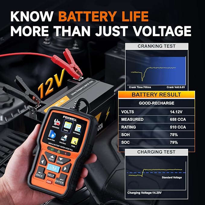 FOXWELL BT630 Bluetooth Battery Monitor with Shunt 10-120V 600A & FOXWELL NT301 Plus 2 in 1 OBD2 Scanner Battery Tester