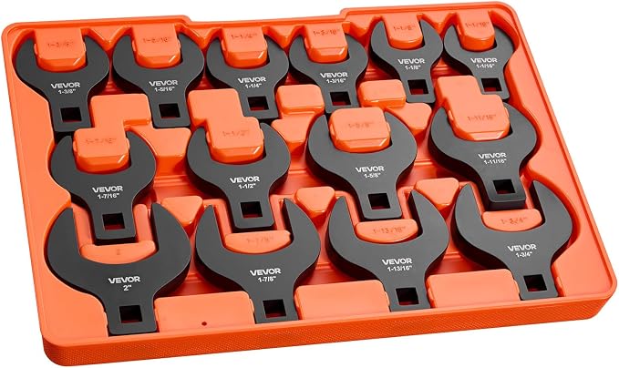 VEVOR Crowfoot Wrench Set, 1/2" Drive, 14-Piece SAE 1-1/16" to 2" Crows Foot Wrenches, with Storage Tray, Dual Size Markings on Tools and Tray, for Auto Maintenance or Repairs