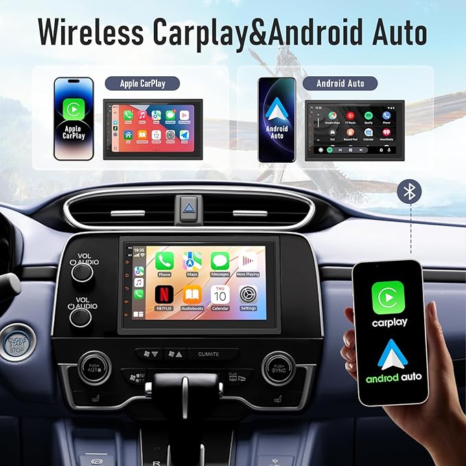 Haudio 7" Double Din Car Stereo with Wireless Apple CarPlay & Android Auto, Touchscreen Car Radio with Bluetooth 4.1, Mirror Link, GPS Navigation, WiFi, Voice Control, 2+32GB, FM Radio - No Camera