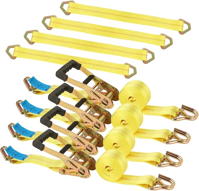 YAYODS 4 Pack Car Tie Down Straps for Trailers with J Hooks, 2" x 10' Heavy Duty Ratchet Straps with 2" x 36'' Axle Straps, 10,000lbs Break Strength Truck Strap for Car, Truck, UTV Transport, Yellow
