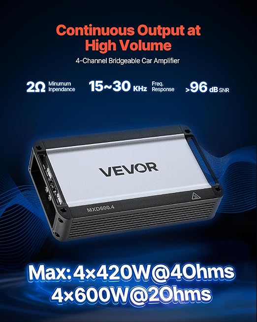 VEVOR 4 Channel Car Audio Amplifier 2 Ohm Stable Bridgeable Class D Full Range Amp Max Power 4 x 420W @ 4 Ohm / 4 x 600W @ 2 Ohm for Car SUV Truck Off-Road