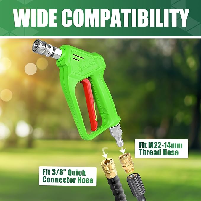 Pressure Washer Short Gun with Swivel 3/8" Male Plug & 1/4”Quick Connector Coupler - Comfortable Handle - Compatible with Foam Cannon for Car Wash 4000 PSI, Green
