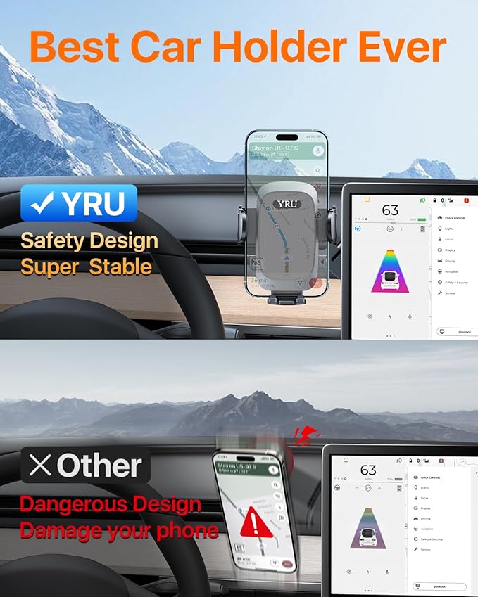 YRU [Military-Grade for Tesla Phone Mount & 360° Rotatable Suction] 2026 Upgraded Car Phone Holder Mount 【90+LBS Safest Strongest & Patent Certs】 for All Phones for Tesla Model 3 Y Cybertruck (Gray)