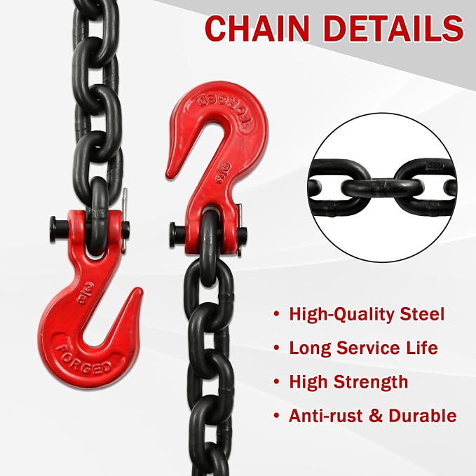 Heavy Duty G80 Transport Binder Chain 3/8'' Inch x 20 Feet,Tow Chain with G70 Clevis Grab Hooks,7100 lbs Safe Working Load Logging for Transporting, Towing(3/8'' x 20FT Black).