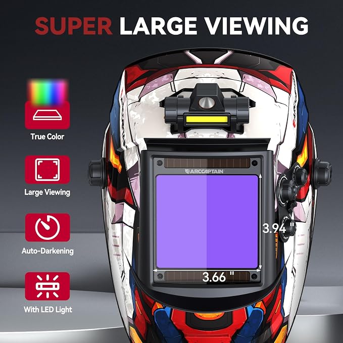 ARCCAPTAIN Large View 3.94" x 3.66" True Color Auto Darkening Welding Helmet with Light, Solar Powered Welding Hood, 4 Arc Sensor Wide Shade 4/5-9/9-13 for Stick MIG TIG Cut,MF