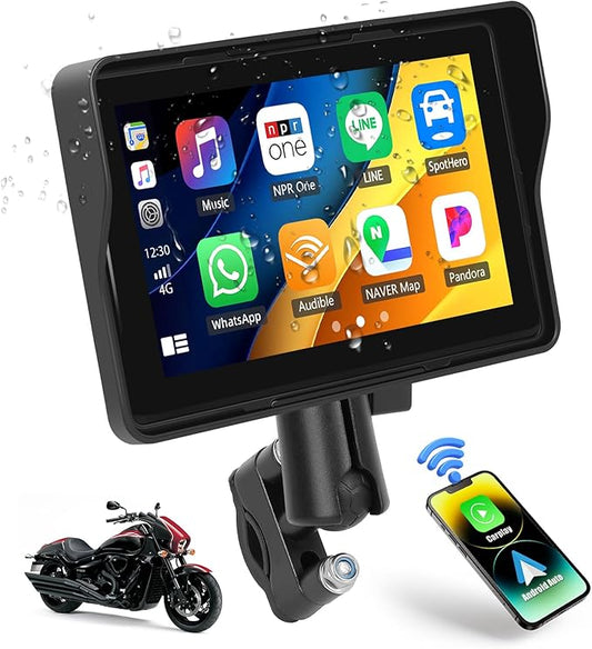 CAMECHO Motorcycle CarPlay Screen, 5" Waterproof Portable Wireless CarPlay Android Auto for Motorbike, Touch Screen Car Stereo Support Dual Bluetooth, Mirror Link, EQ, Siri Voice Control
