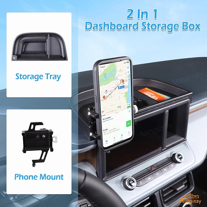Aunginsy Center Console Dash Storage Tray Compatible with Ford Maverick 2022 2023 2024 Dashboard Multi-Functional Phone Holder Storage Box Organizer Tray Insert with Mobile Phone Mount Accessories