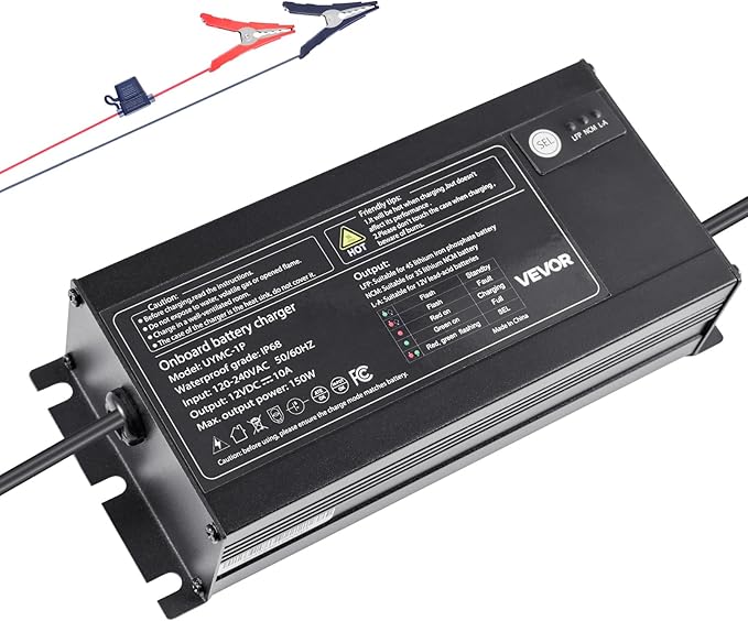 VEVOR Marine Battery Charger, 1-Bank, 10A 12V Onboard Boat Charger, IP68 Waterproof Smart On-Board Battery Charger, for Lithium-Ion (LiFePO4), NCM, Lead-Acid Batteries, Large Boat, Yacht, RV, Trailer