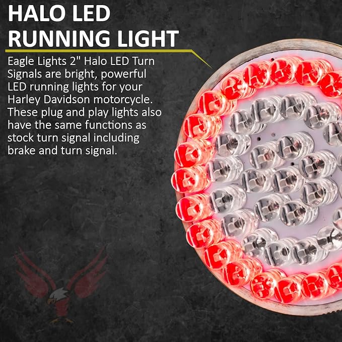 Eagle Lights 8748RTS-C-LR 2" Rear LED Turn Signals with Halo Running Lights and Brake Lights Compatible With Harley Davidson® Motorcycles - 1157 Base/Red/Add Clear Lenses/Add Load Resistors