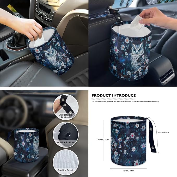 Floral Owl 15 PCS Car Seat Cover Full Set with Steering Wheel Cover Seat Belt Strap Pads Cup Coasters Trash Bag Rearview Mirror Cover Keychain Auto Interior Decor
