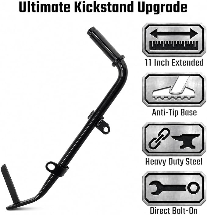 Extended Anti-Tip Kickstand with Rubber Bumper for Harley Touring 2007-2024, +1” Longer Heavy Duty Jiffy Stand for Road Glide Street Glide Road King Electra Glide CVO, Wide Base Gloss Black