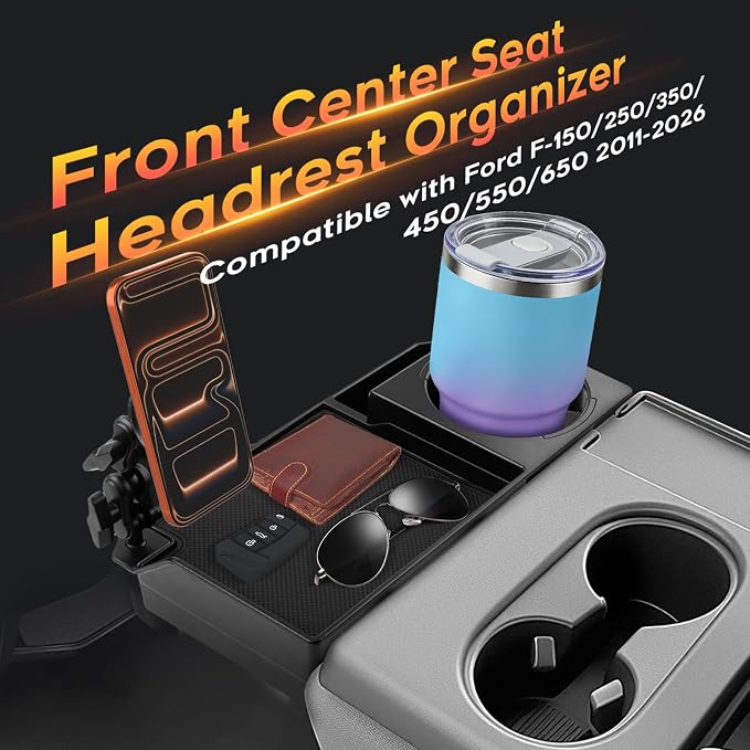 Karltys Front Center Seat Headrest Organizer for Ford F-150 F-250 F-350 F-450 F-550 F-650 2011-2026, Only for Jump Seat Console, Storage Tray with Magnetic Phone Holder and Cup Holder