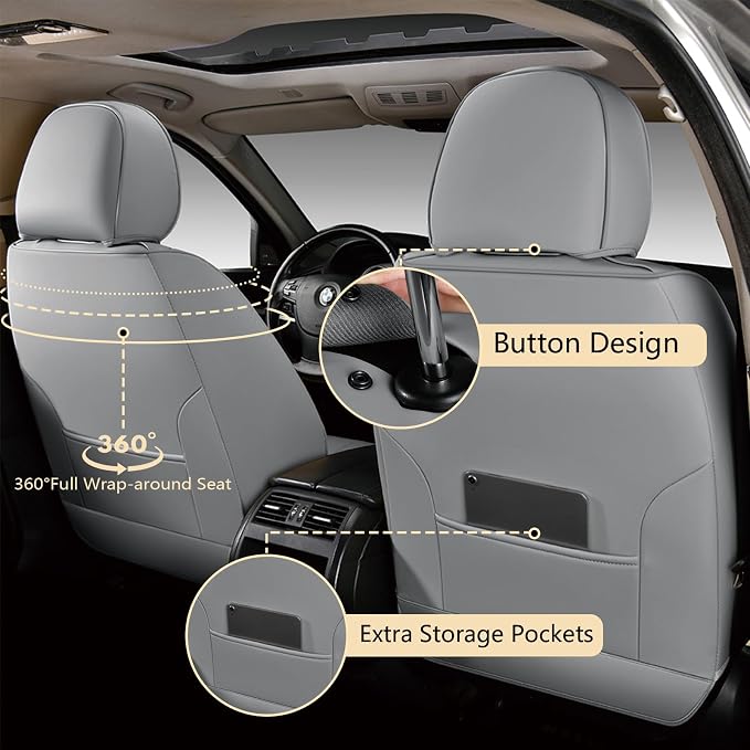 FLORICH Car Seat Covers Front Seats, Luxury Waterproof Faux Leather Seat Covers Cushion, Car Seat Protectors Universal Fit for Most 5 Seats Vehicles - Gray