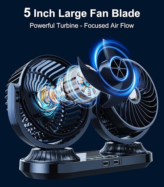 Dual Head Auto Oscillating Car Cooling Fan for Dashboard, DC 12V / 24V Cigarette Lighter Plug Car Fans that Blow Cold Air Cooler for Vehicles Sedan SUV Rv Van Truck Utv Tractor Cab Without AC