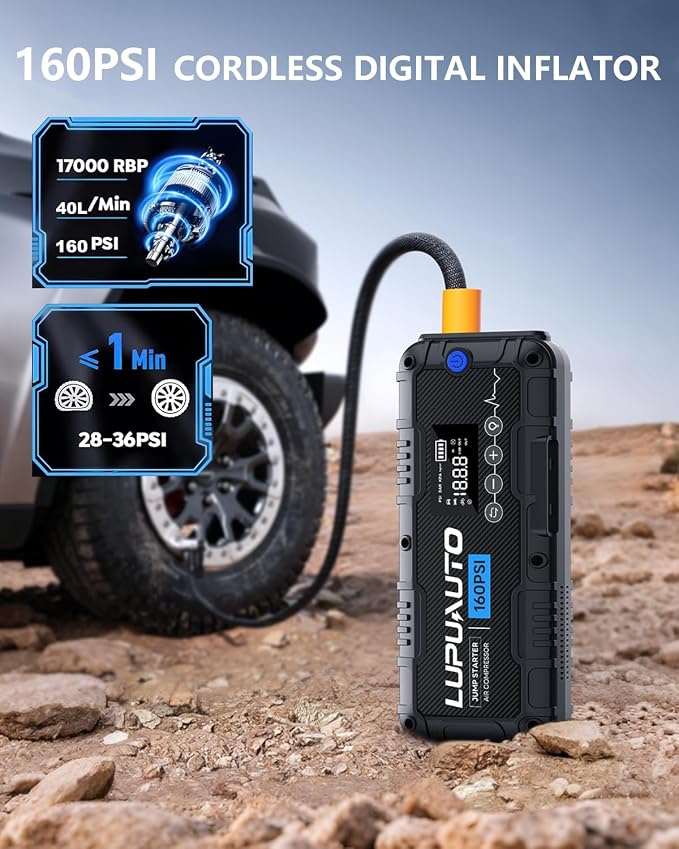 4000A Jump Starter with 160PSI Air Compressor 12V Battery Booster LED Pack | 10L Gas/8.5L Diesel, Low Voltage Forced Start, Automatic Inflation Presets, Heavy-Duty Safety Clamps