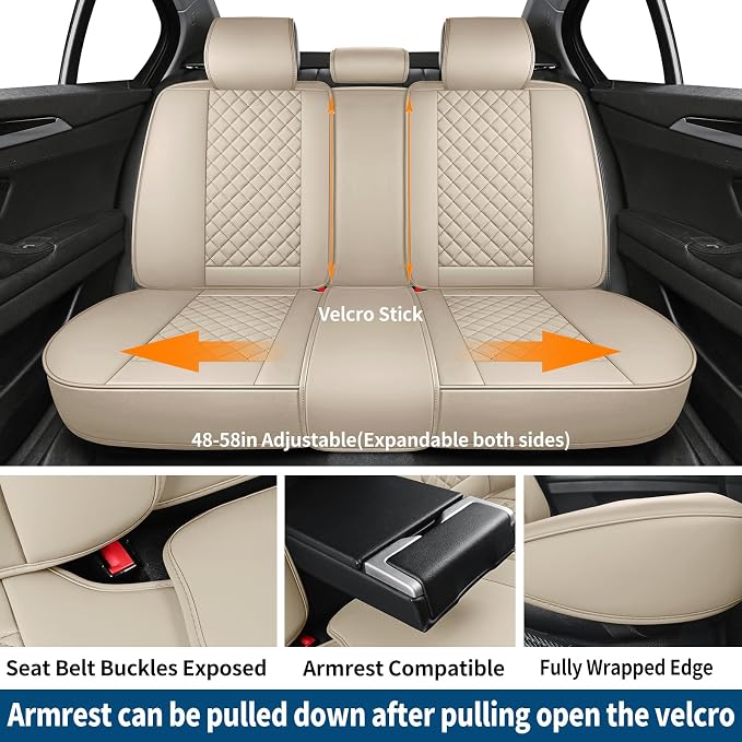 Leather Car Seat Covers Full Set Breathable Automotive Seat Covers Waterproof Seat Protectors Fit for Most Automotive Cars SUV Trucks Vehicle (Beige, Full Set)