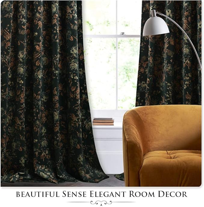 StangH Vintage Print Curtains for Living Room, Super Soft Velvet Floral Window Drapes Back Tab Thermal Insulated Privacy Panels for Bedroom Home Office, W52 x L94, 2 Panels