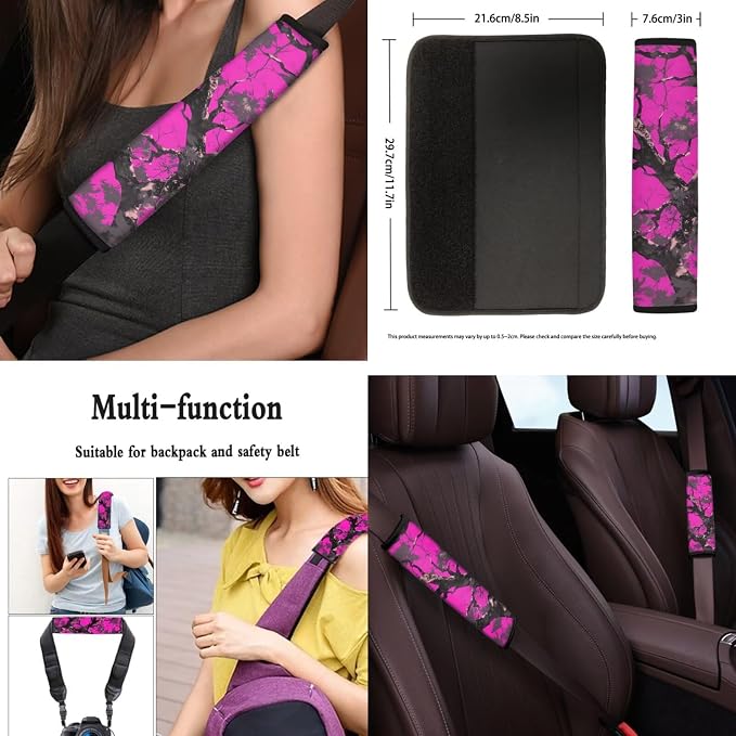 8 Pcs Pink Branches Prints Car Interior Accessories Set for Women, Car Seat Covers Full Set with Auto Steering Wheel Cover Auto Center Console Pad Seat Belt Covers