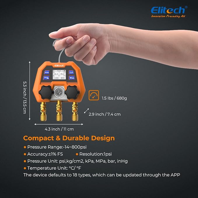 Elitech Smart Digital Manifold Gauge DMG-4B, 3-Way HVAC Refrigerant Tester with Bluetooth, OTA Remote Upgrade, 140+ Refrigerants Support, R410A R134A R22, Advanced Modes Expandable via App