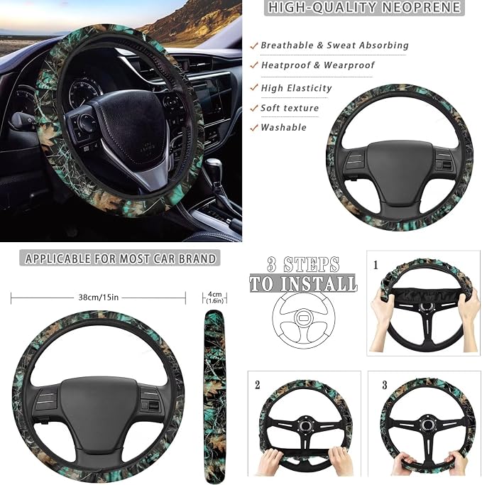 KEIAHUAN 11 Pcs Universal Car Seat Covers Camo Hunting Design with Steering Wheel Cover, Gear Shift Handbrake Cover, Cup Holder, and Headrest Cover Fit Most Van Sedan Truck SUV, Green