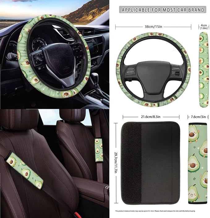 Avocado Print 15Pcs Car Interior Cover Set Includes Car Seat Covers Front and Back Full Set Steering Wheel Cover Safety Belt Pads Rear View Mirror Protector Cup Mats, Green