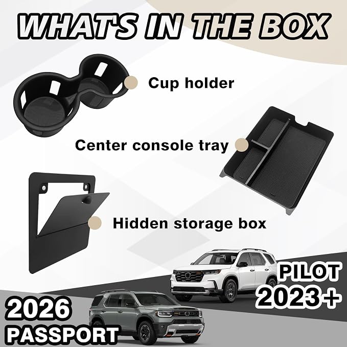 Muslogy Center Console Organizer & Cup Holder Insert & Magnet Armrest Hidden Storage Compartment Compatible with 2023-2026 Honda Pilot/2024-2026 Passport Center Console Inserts Interior 3PCS Set