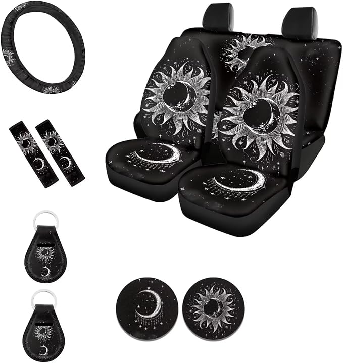 POLERO Star Sun and Moon Car Seat Cover Set 11pcs Front and Rear Bench Seat Protector Vintage Interior Accessories with Keyrings