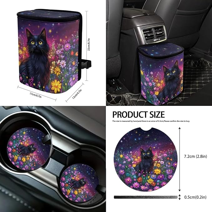 Suobstales Galaxy Cat Daisy Print Car Seat Covers Set of 13 with Universal Steering Wheel Cover, Rearview Mirror Cover, Car Trash Can, Seatbelt Pads, Cup Holder Coasters, Keychains