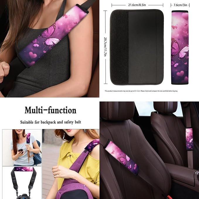 8 Pcs Pink Butterfly Car Interior Accessories Set for Women, Car Seat Cover Full Set with Steering Wheel Cover Center Console Seat Belt Pads, Automotive Decorations