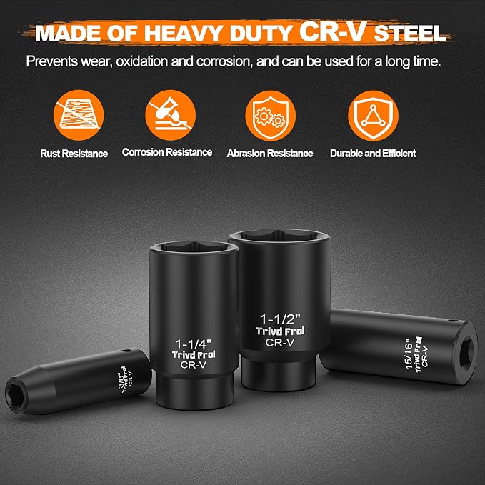 SAE Impact Socket Set - 1/2" Drive, 19pc Deep Socket Set 3/8" to 1-1/2", Cr-V Steel, Double Lock Case