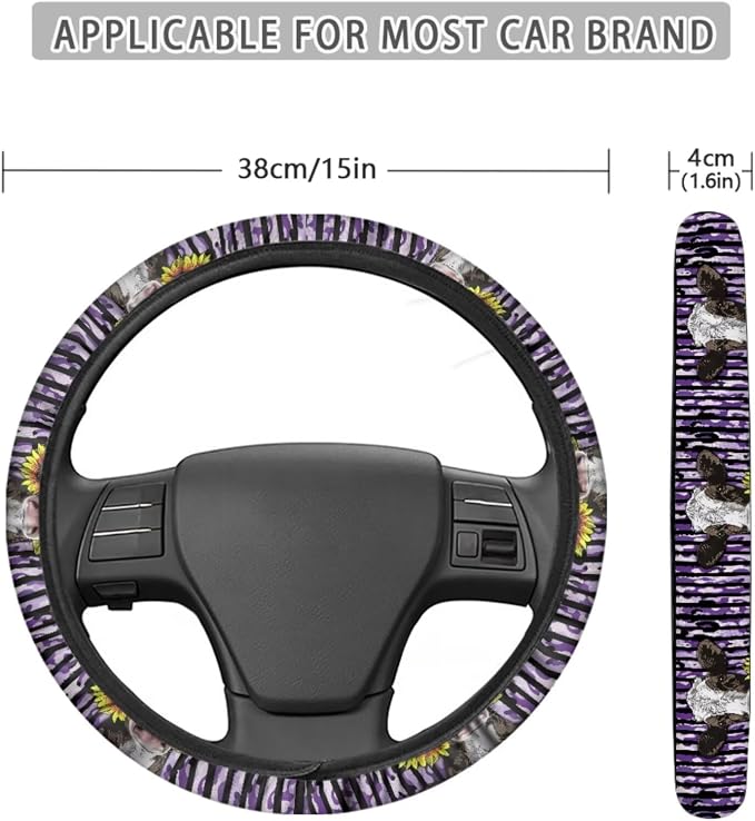 Cow Sunflower Camo American Flag Pattern Car Seat Cover Full Set, 13 PCS Car Accessories with 1 Soft Steering Wheel Cover, 4 Safe Belt Cover, 4 PCS Coasters as Gift for Family and Friend