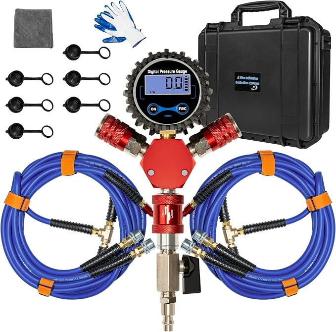MILADO 4 Tire Inflation System, 4 Way Tire Inflator Deflator with Hard-Shell Storage Case, Off Road Tire Inflator with Gauge, Air Down Tire Deflators Kit for Trucks Jeeps Fits Up to 200" Wheelbase