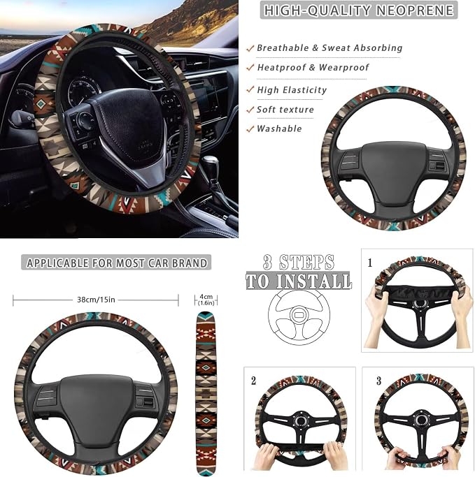 Dreaweet Geometric Aztec Car Seat Covers Full Set Southwestern Native American Seat Covers with Steering Wheel Cover,Center Console Cover,Seat Belt Pads,Coasters,Gear Shift & Handbrake Cover,12 Pcs