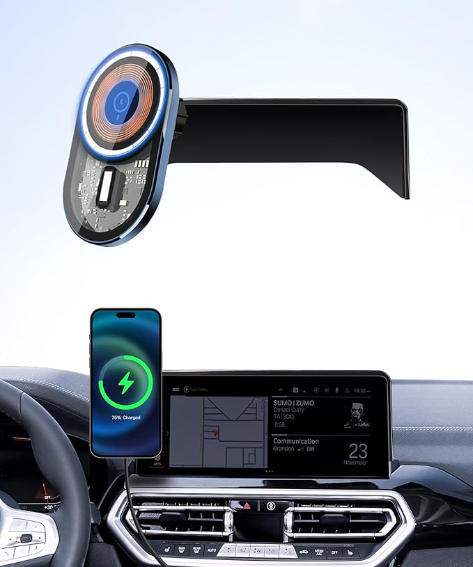 Wireless Charging Car Phone Holder for BMW X3 2022-2024 / X4 2022-2025, 12.3" Screen Fixed Clip, 360° Rotation Car Phone Mount Compatible with MagSafe