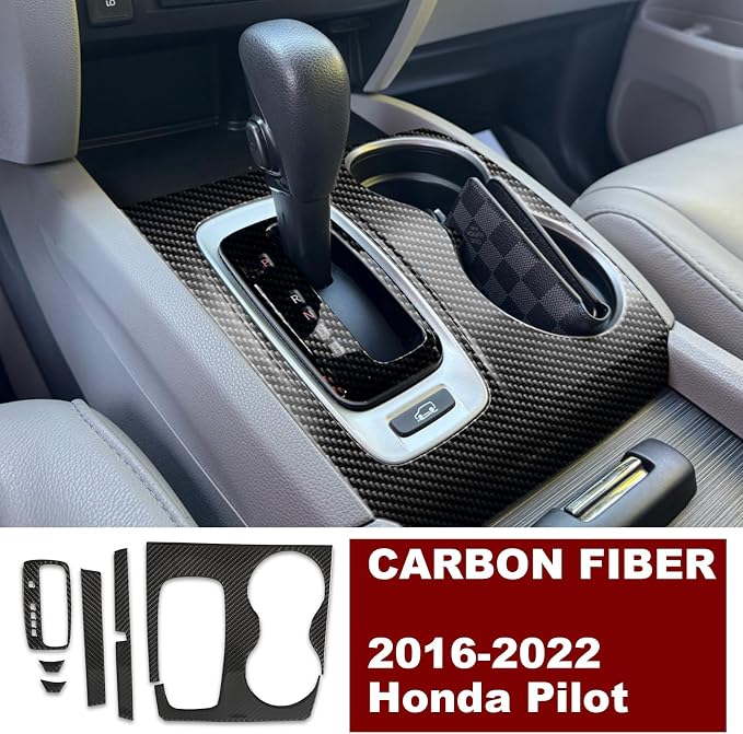 Real Carbon Fiber Center Console Gear Shift Panel Trim & Cup Holder Panel Trim Compatible with 2016-2022 Honda Pilot, Interior Decor Sticker Accessories
