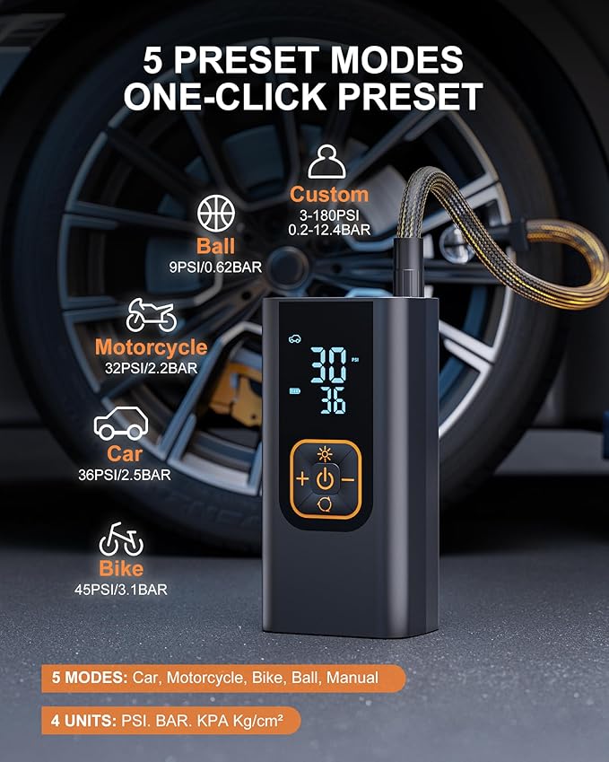 180PSI Tire Inflator Portable Air Compressor, 6X Faster Air Pump for Car Tires with Digital Pressure Gauge, 12V DC Adapter, LED Light, Portable Tire Inflator for Car, Motorcycle, Bike, Balls